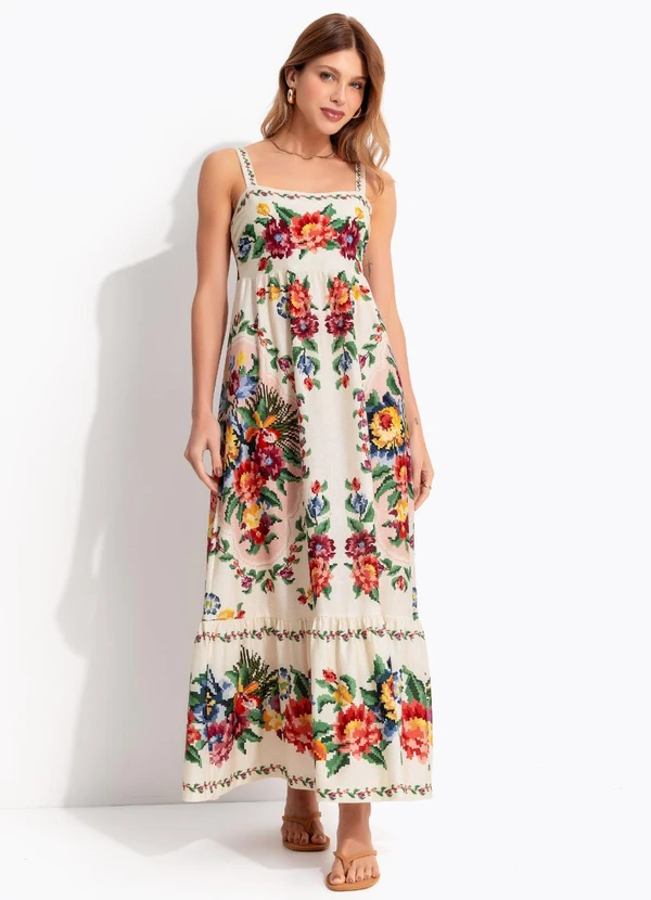 Farm - Vestido Midi Tapete de Flor Bege