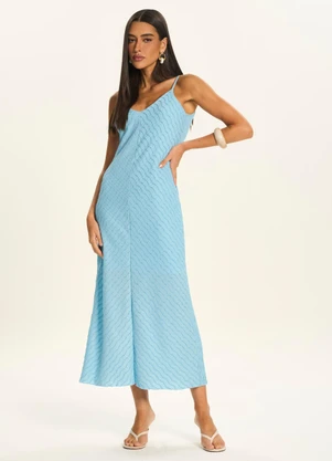 Doce Trama - Vestido Midi Texturizado com Alças Finas Azul - DOCE TRAMA