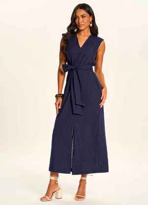 Doce Trama - Vestido Midi Texturizado com Amarração Duna Azul - DOCE TRAMA