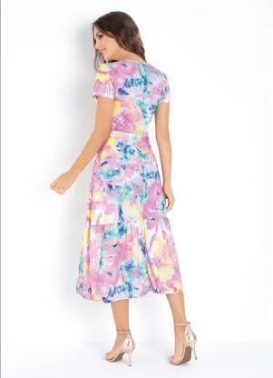 Moda Pop - Vestido Midi Tie-Dye com Mangas Curtas - MODA POP