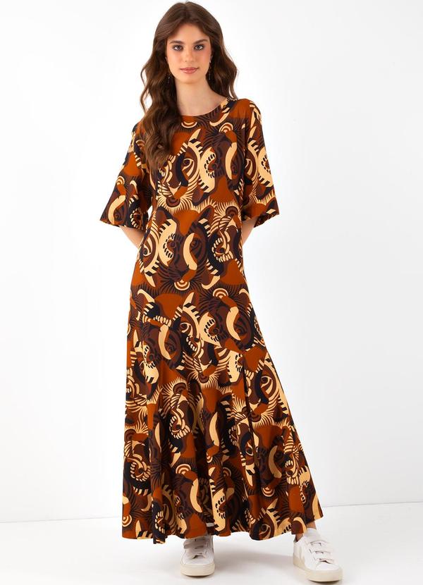 Farm - Vestido Midi Tigre da Noite Marrom