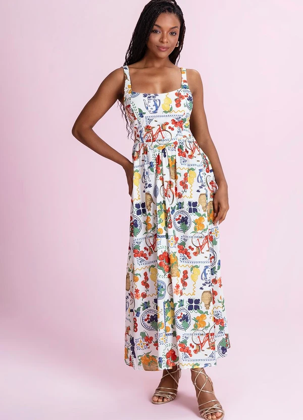 Angel - Vestido Midi Tricoline Estampado Branco