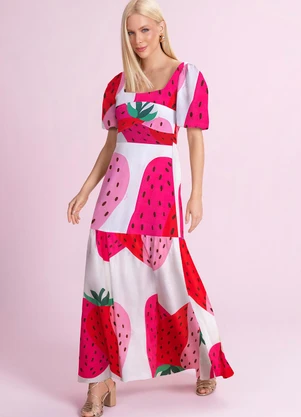 Angel - Vestido Midi Tricoline Estampado Rosa - ANGEL