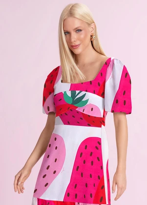 Angel - Vestido Midi Tricoline Estampado Rosa - ANGEL