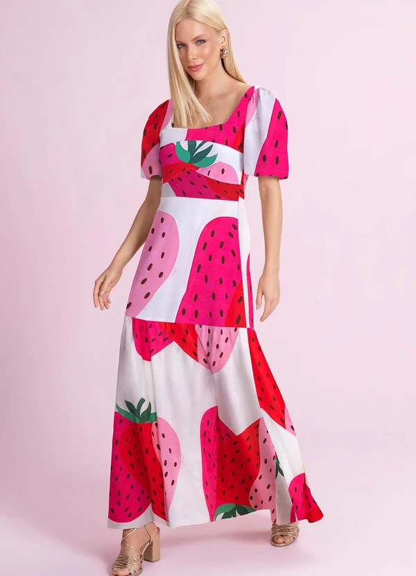 Angel - Vestido Midi Tricoline Estampado Rosa