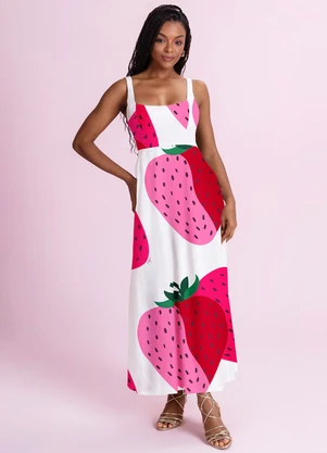 Angel - Vestido Midi Tricoline Estampado Rosa - ANGEL
