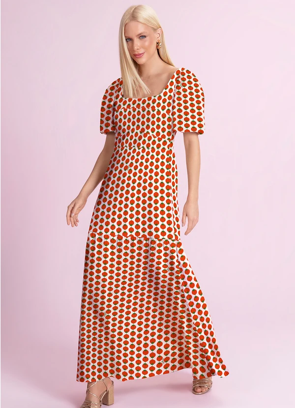 Angel - Vestido Midi Tricoline Estampado Vermelho