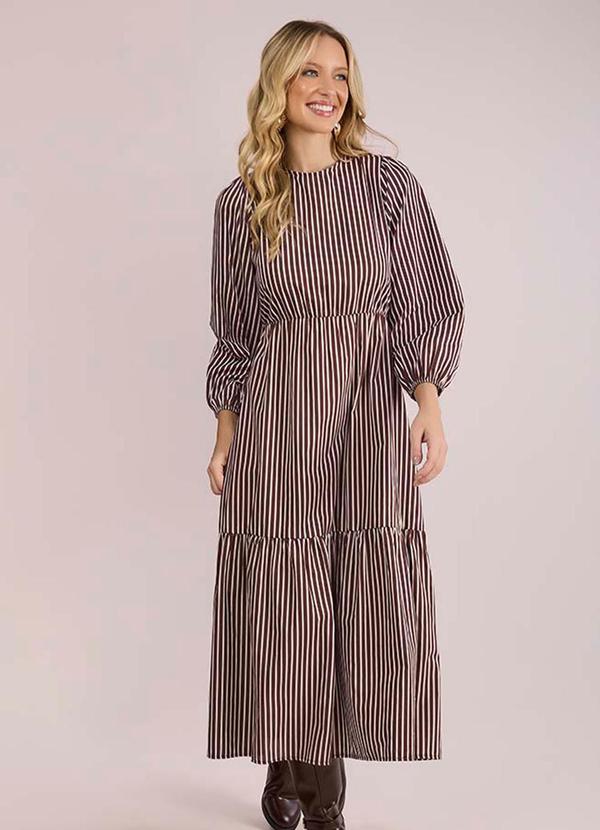 Angel - Vestido Midi Tricoline Listrado Marrom