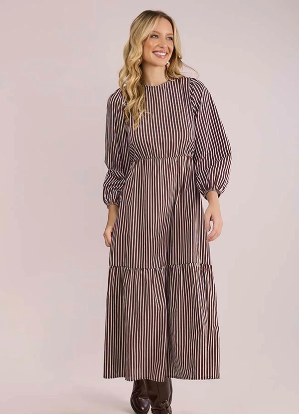 Angel - Vestido Midi Tricoline Listrado Marrom