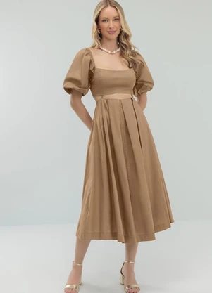 Angel - Vestido Midi Tricoline Marrom - ANGEL