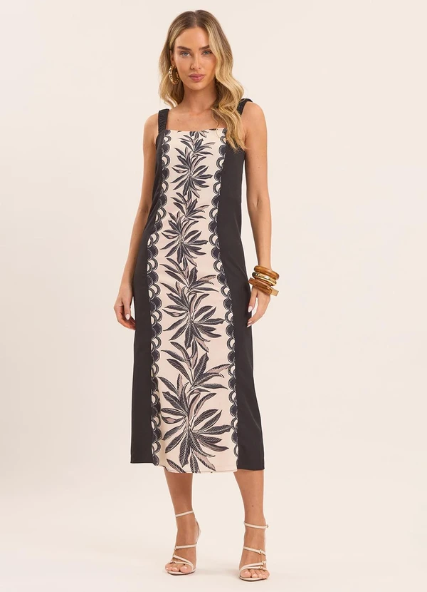 Doce Trama - Vestido Midi Tropical de Alça Estampado Preto