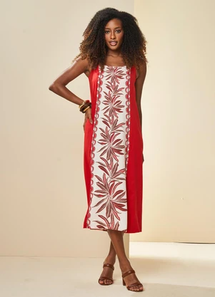 Doce Trama - Vestido Midi Tropical de Alça Estampado Vermelho - DOCE TRAMA