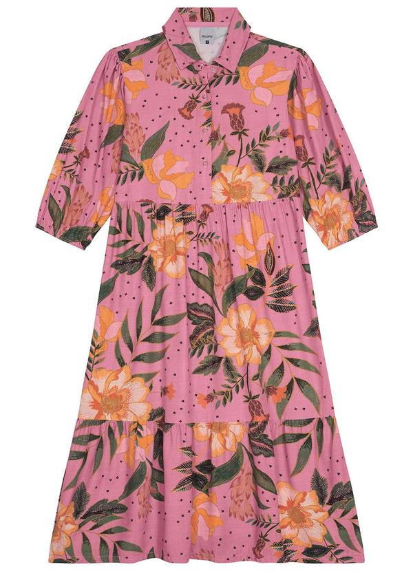Malwee - Vestido Midi Tropical em Viscose Rosa