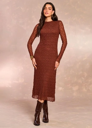 Doce Trama - Vestido Midi Tropical Garden em Renda Marrom - DOCE TRAMA