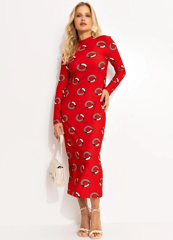 Farm - Vestido Midi Tuca Poá Vermelho