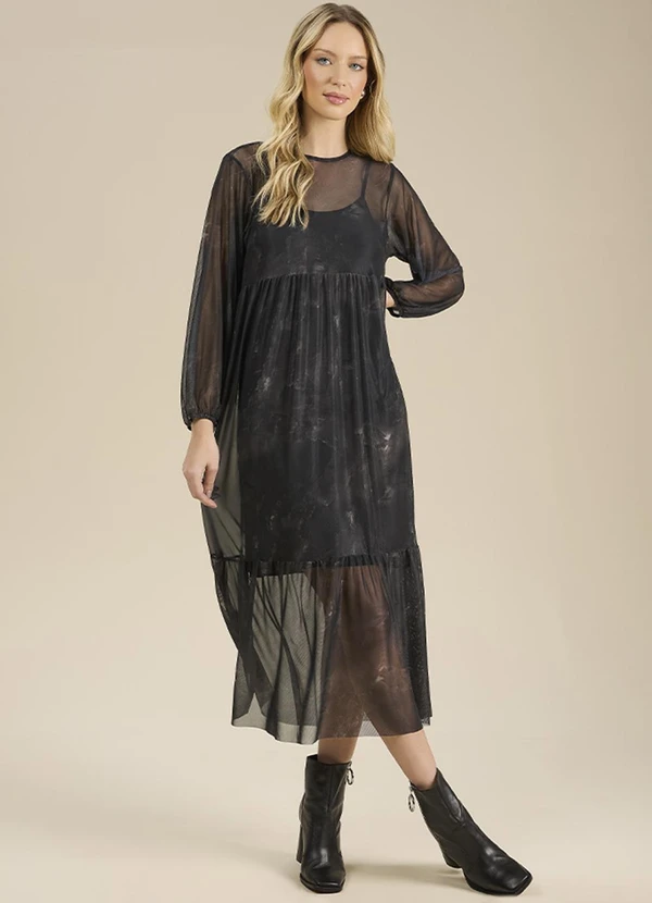 Angel - Vestido Midi Tule C/Combinacao Preto