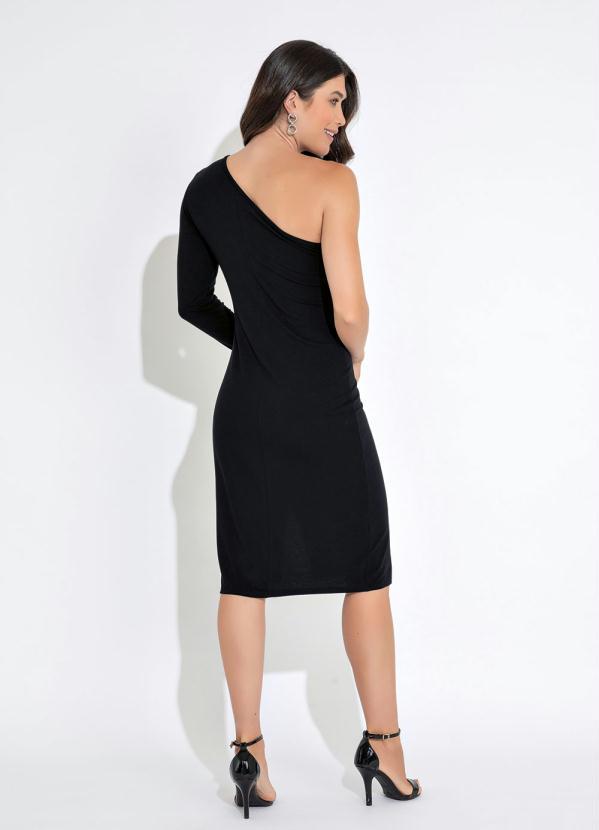 Outlet - Vestido Midi um Ombro Só com Decote Vazado Preto 4
