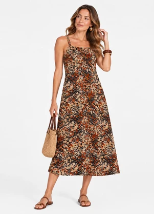 Infinita Cor - Vestido Midi Verão em Viscose Khyara Bege - INFINITA COR