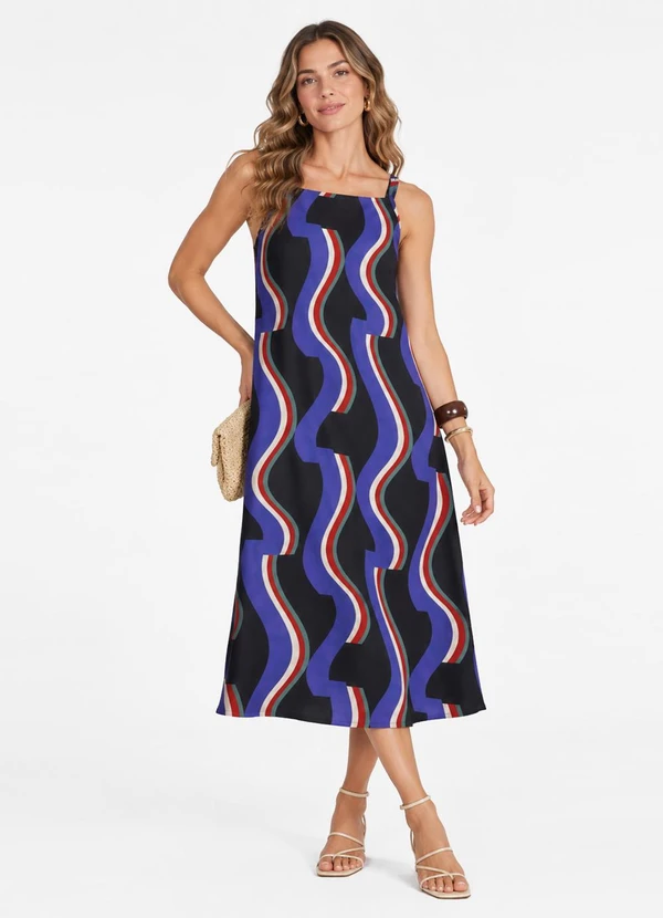 Infinita Cor - Vestido Midi Verão em Viscose Khyara Preto