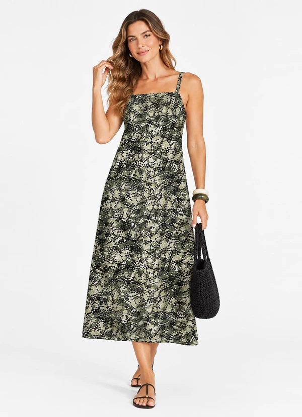 Infinita Cor - Vestido Midi Verão em Viscose Khyara Verde