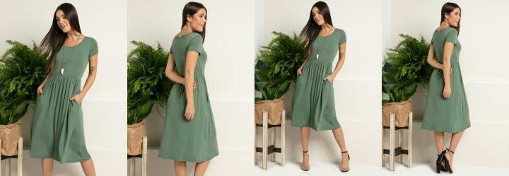 Vestido Midi Verde Acinturado com Bolsos