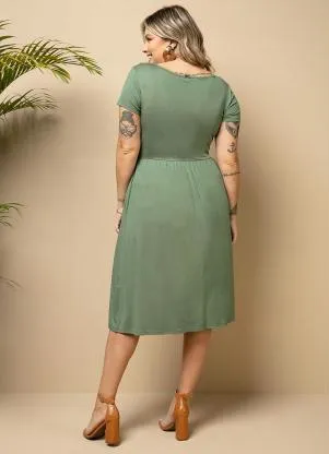 Quintess - Vestido Midi Verde Acinturado com Bolsos - QUINTESS