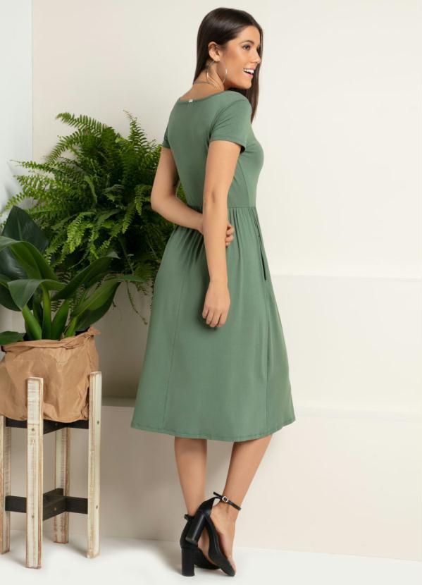 Quintess - Vestido Midi Verde Acinturado com Bolsos 5
