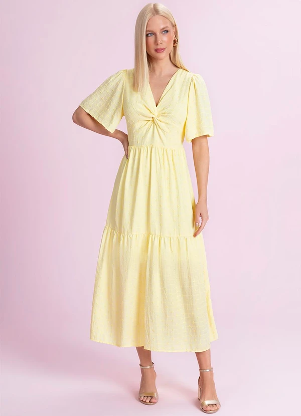 Angel - Vestido Midi Viscose Bordada Amarelo