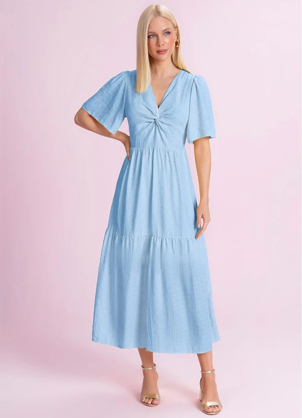 Angel - Vestido Midi Viscose Bordada Azul