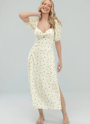 Angel - Vestido Midi Viscose Estampada Amarelo - ANGEL