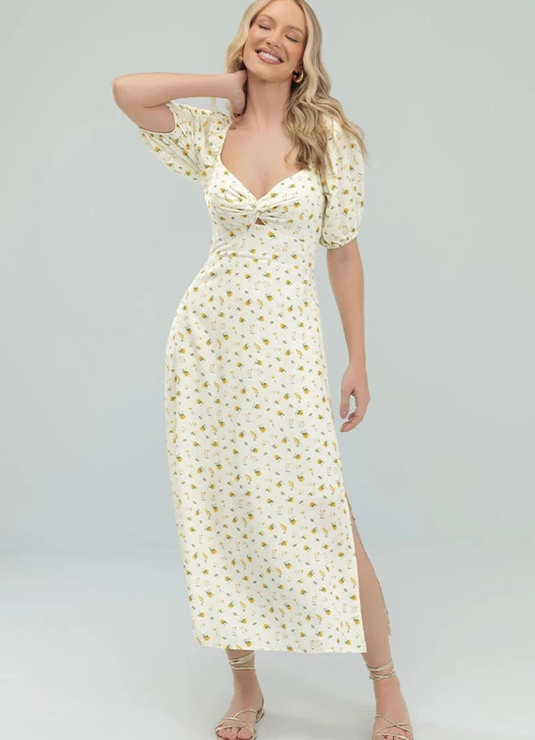 Angel - Vestido Midi Viscose Estampada Amarelo 1