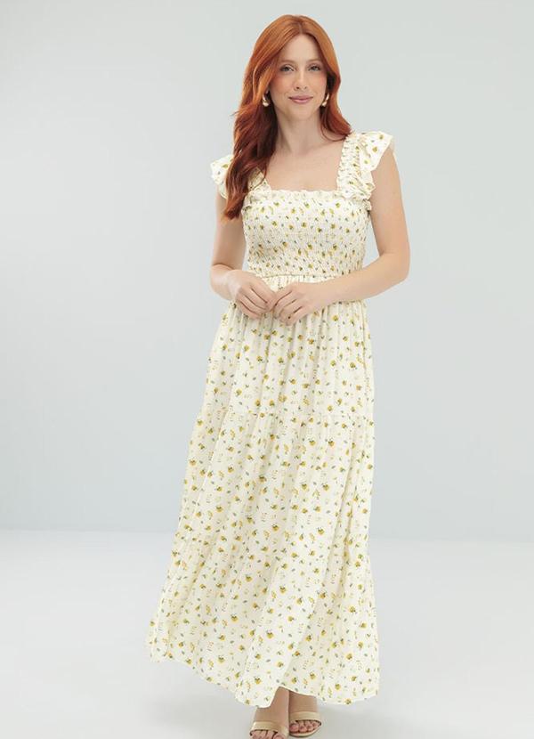Angel - Vestido Midi Viscose Estampada Amarelo