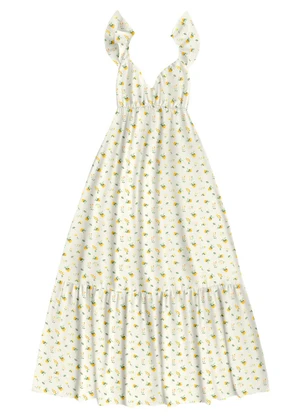 Angel - Vestido Midi Viscose Estampada Amarelo - ANGEL