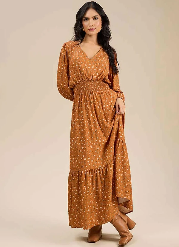 Angel - Vestido Midi Viscose Estampada Marrom