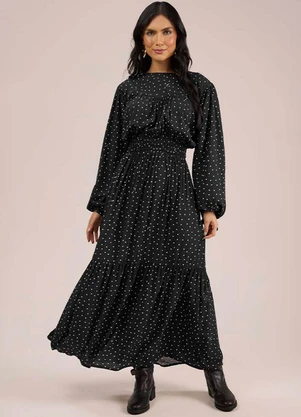 Angel - Vestido Midi Viscose Estampada Preto - ANGEL