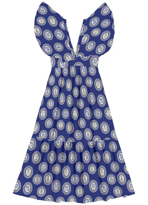 Angel - Vestido Midi Viscose Estampada Azul - ANGEL