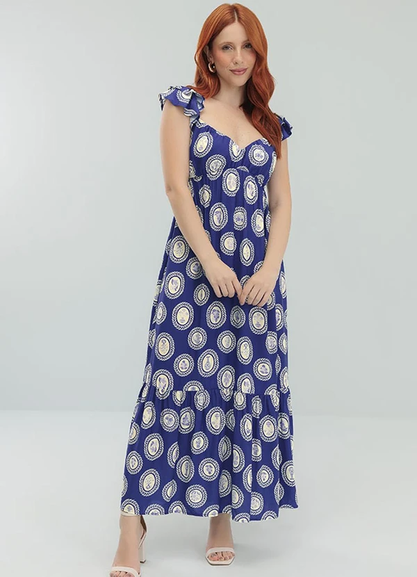 Angel - Vestido Midi Viscose Estampada Azul