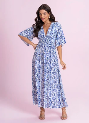 Angel - Vestido Midi Viscose Estampada Azul - ANGEL