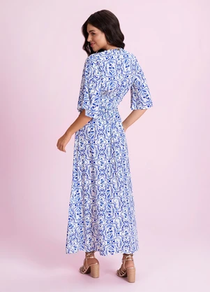 Angel - Vestido Midi Viscose Estampada Azul - ANGEL