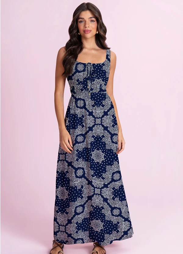 Angel - Vestido Midi Viscose Estampada Azul