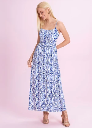 Angel - Vestido Midi Viscose Estampada Azul - ANGEL