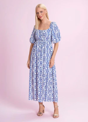 Angel - Vestido Midi Viscose Estampada Azul - ANGEL