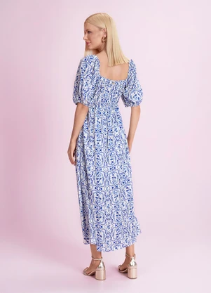 Angel - Vestido Midi Viscose Estampada Azul - ANGEL