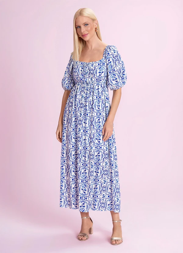 Angel - Vestido Midi Viscose Estampada Azul