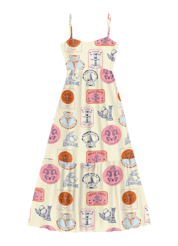 Angel - Vestido Midi Viscose Estampada Bege