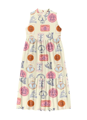 Angel - Vestido Midi Viscose Estampada Bege - ANGEL