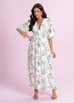 Angel - Vestido Midi Viscose Estampada Branco - ANGEL
