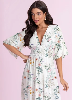 Angel - Vestido Midi Viscose Estampada Branco - ANGEL