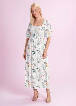 Angel - Vestido Midi Viscose Estampada Branco - ANGEL