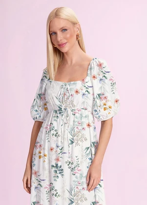 Angel - Vestido Midi Viscose Estampada Branco - ANGEL